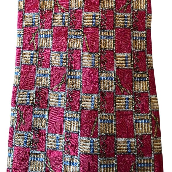 Fumagalli ITALY 100% Silk Tie Red Gold Geometric Check Sartorial Luxury - Picture 11 of 16